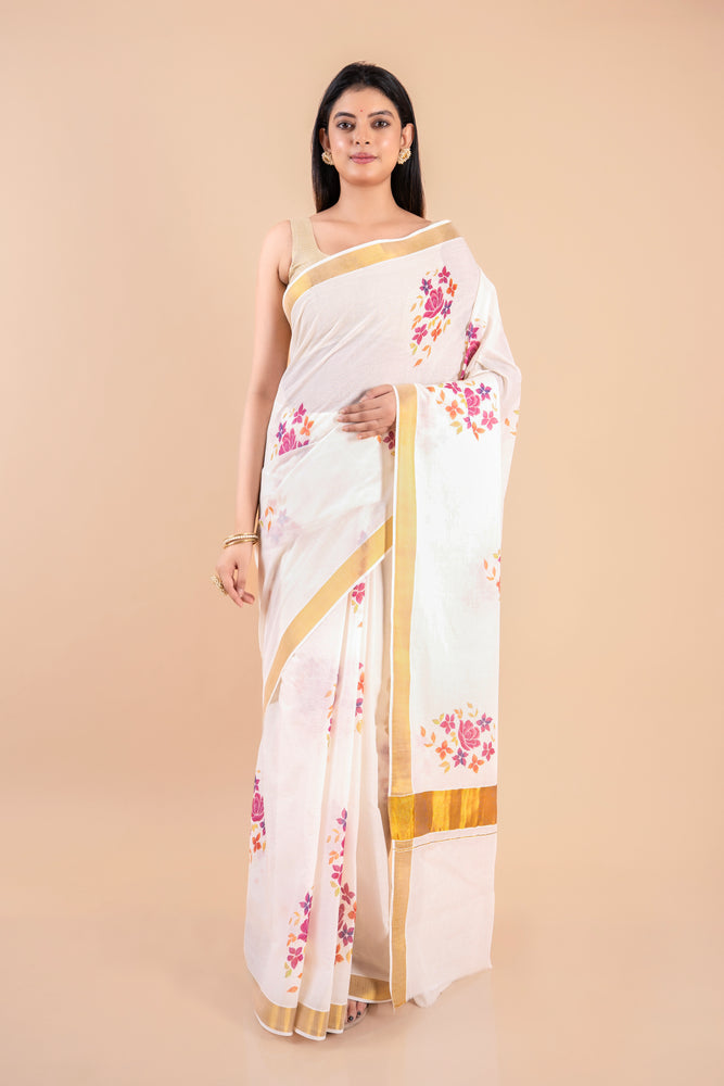 Devyani | Floral Kerala Cotton Kasavu Saree with Golden Border
