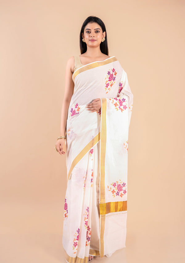 Devyani | Floral Kerala Cotton Kasavu Saree with Golden Border