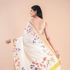 Nandana | Classic Kerala Cotton Kasavu Saree with Floral Design & Golden Zari Border