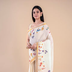 Nandana | Classic Kerala Cotton Kasavu Saree with Floral Design & Golden Zari Border