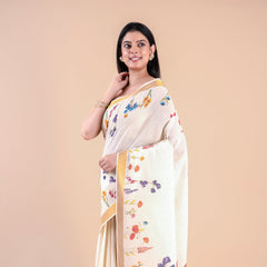 Nandana | Classic Kerala Cotton Kasavu Saree with Floral Design & Golden Zari Border