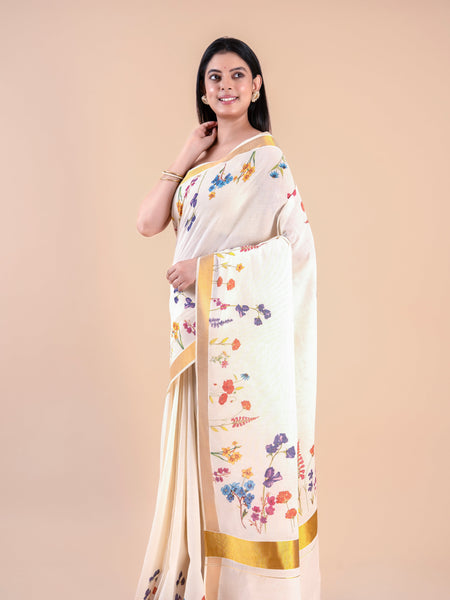Nandana | Classic Kerala Cotton Kasavu Saree with Floral Design & Golden Zari Border
