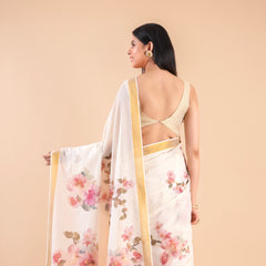 Vismaya | White Kerala Cotton Kasavu Saree with Floral Print & Golden Zari Border