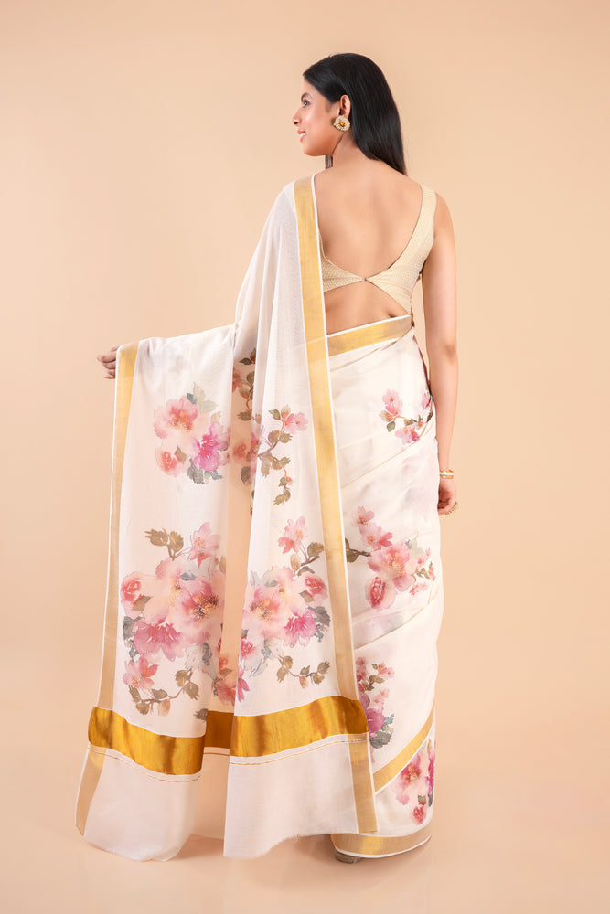 Vismaya | White Kerala Cotton Kasavu Saree with Floral Print & Golden Zari Border