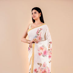 Vismaya | White Kerala Cotton Kasavu Saree with Floral Print & Golden Zari Border