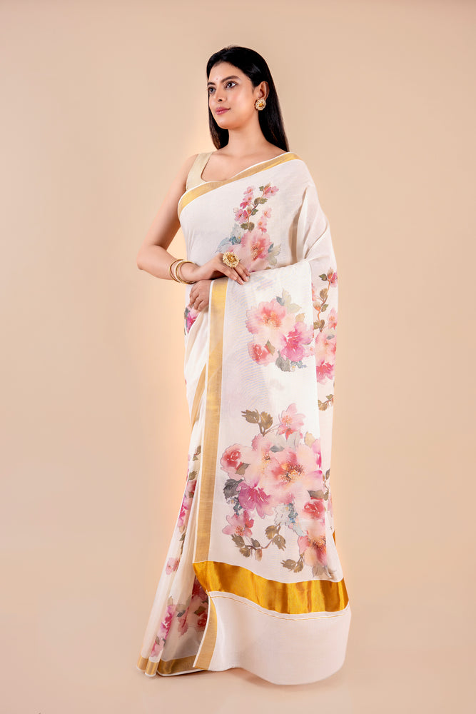 Vismaya | White Kerala Cotton Kasavu Saree with Floral Print & Golden Zari Border