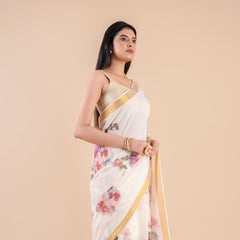 Vismaya | White Kerala Cotton Kasavu Saree with Floral Print & Golden Zari Border