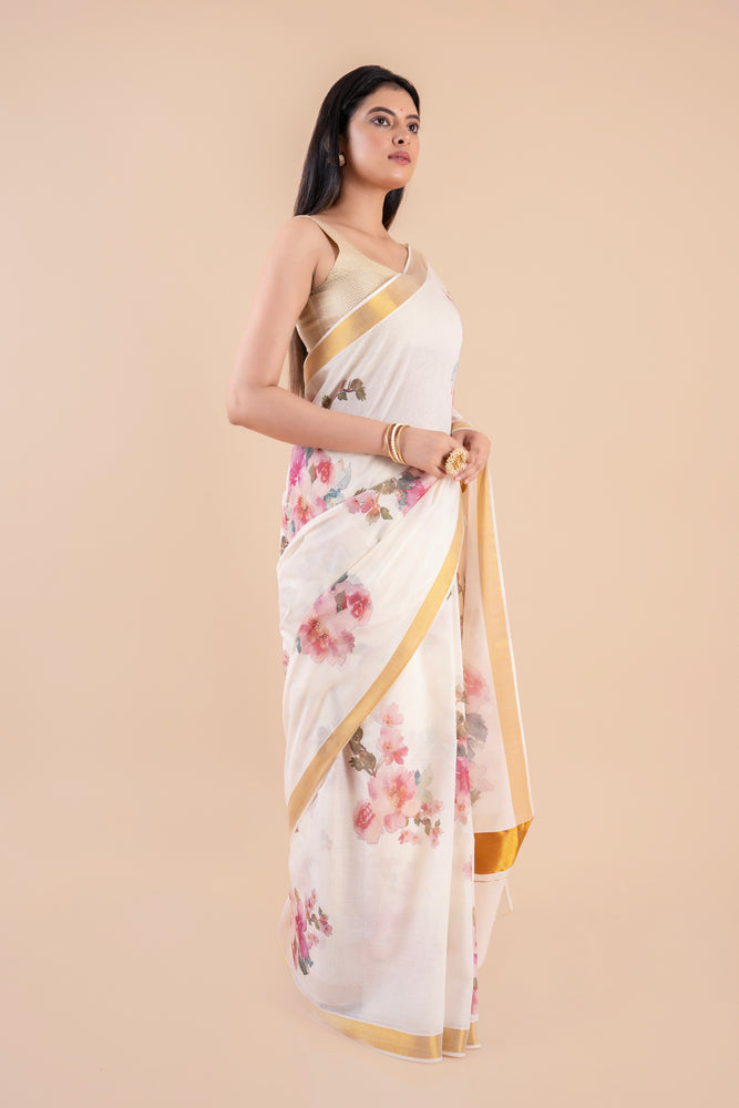 Vismaya | White Kerala Cotton Kasavu Saree with Floral Print & Golden Zari Border