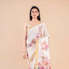 Vismaya | White Kerala Cotton Kasavu Saree with Floral Print & Golden Zari Border
