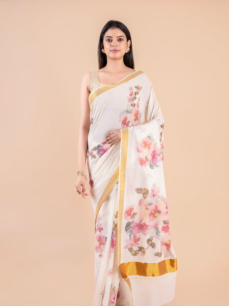 Vismaya | White Kerala Cotton Kasavu Saree with Floral Print & Golden Zari Border