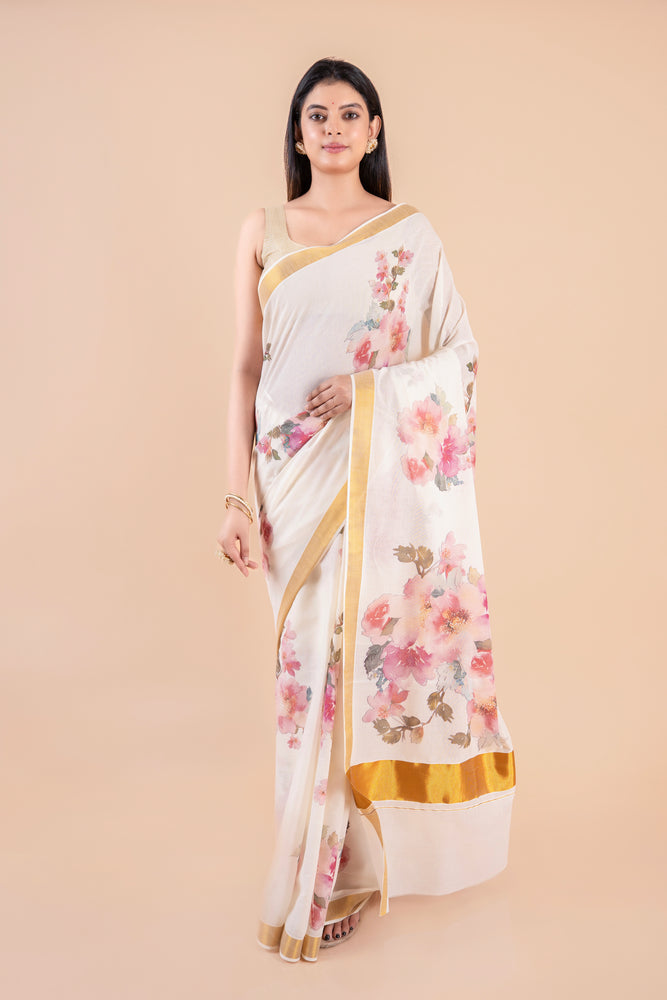 Vismaya | White Kerala Cotton Kasavu Saree with Floral Print & Golden Zari Border