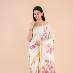 Vismaya | White Kerala Cotton Kasavu Saree with Floral Print & Golden Zari Border