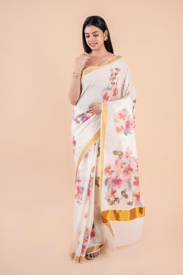 Vismaya | White Kerala Cotton Kasavu Saree with Floral Print & Golden Zari Border
