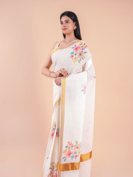Suvasini | Traditional Kasavu Saree in Kerala Cotton with Floral Design & Gold Border