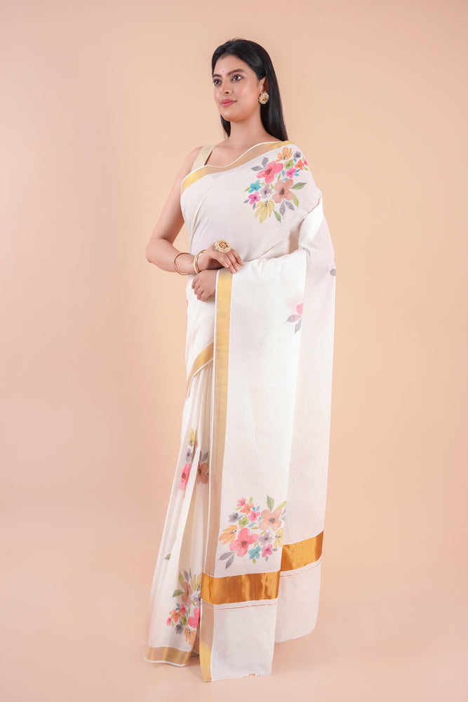 Suvasini | Traditional Kasavu Saree in Kerala Cotton with Floral Design & Gold Border