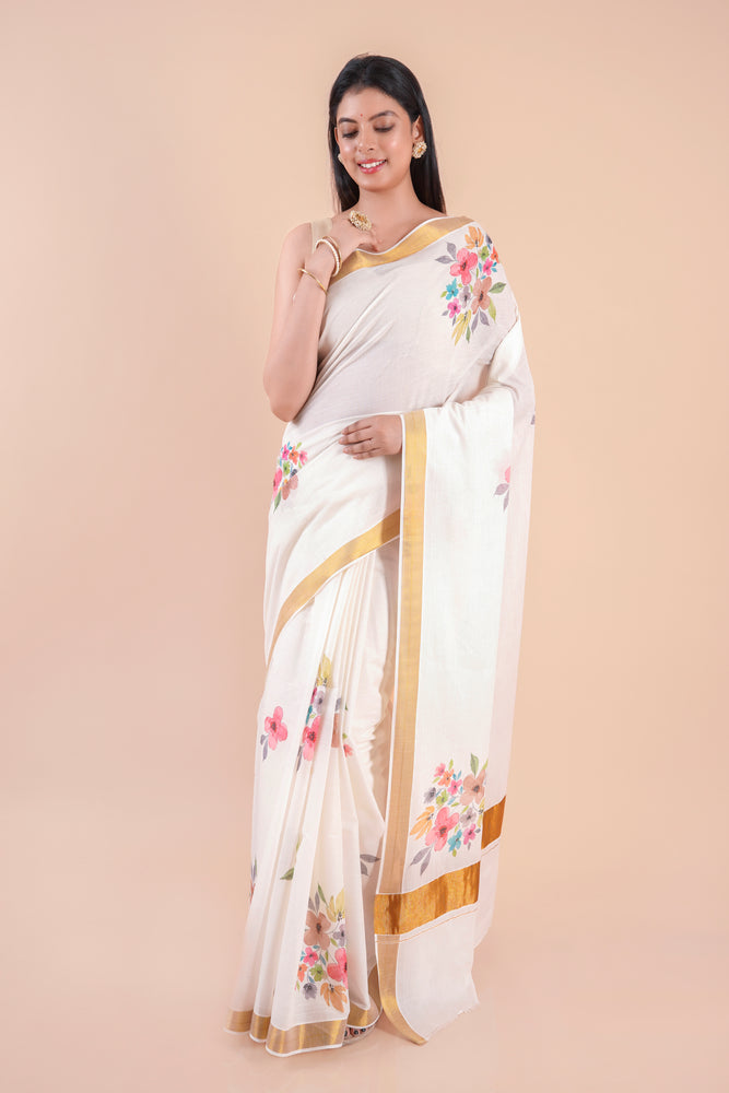 Suvasini | Traditional Kasavu Saree in Kerala Cotton with Floral Design & Gold Border