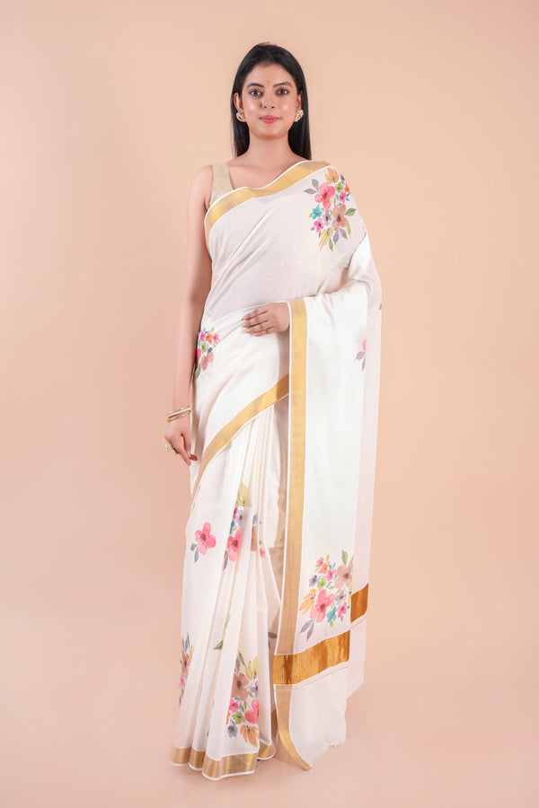 Suvasini | Traditional Kasavu Saree in Kerala Cotton with Floral Design & Gold Border