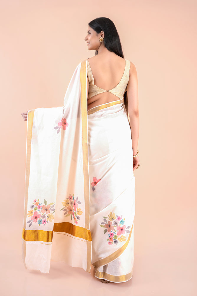 Suvasini | Traditional Kasavu Saree in Kerala Cotton with Floral Design & Gold Border