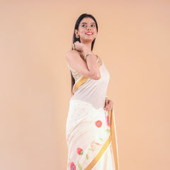 Mridula | Festive Kerala Cotton Kasavu Saree with Floral Print & Gold Border