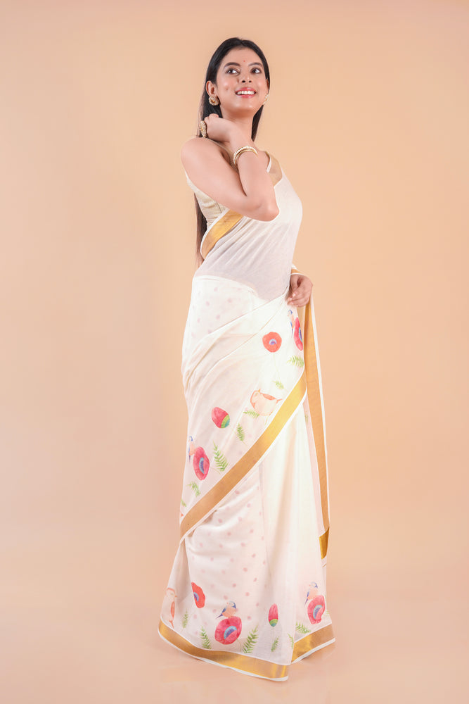 Mridula | Festive Kerala Cotton Kasavu Saree with Floral Print & Gold Border