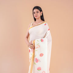 Mridula | Festive Kerala Cotton Kasavu Saree with Floral Print & Gold Border