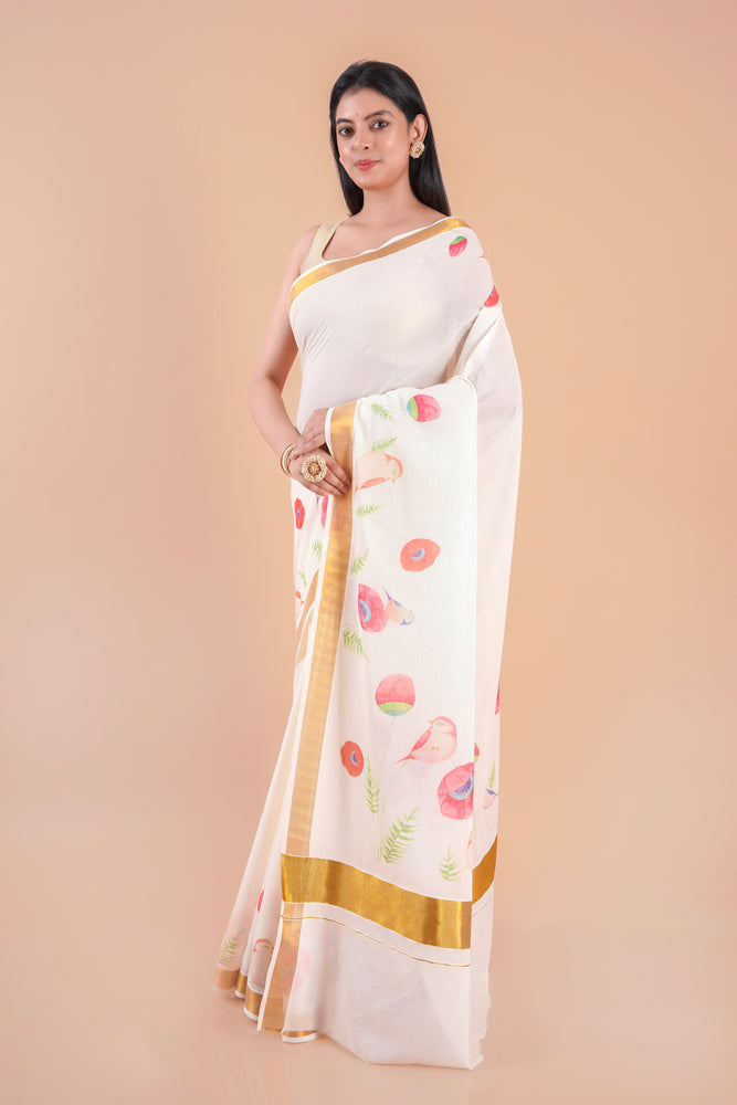 Mridula | Festive Kerala Cotton Kasavu Saree with Floral Print & Gold Border