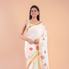 Mridula | Festive Kerala Cotton Kasavu Saree with Floral Print & Gold Border