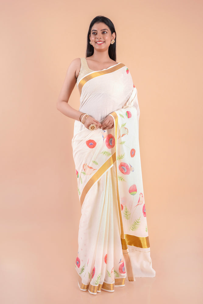 Mridula | Festive Kerala Cotton Kasavu Saree with Floral Print & Gold Border