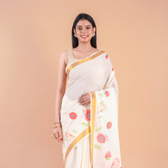 Mridula | Festive Kerala Cotton Kasavu Saree with Floral Print & Gold Border
