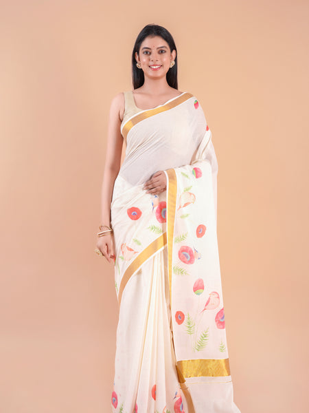 Mridula | Festive Kerala Cotton Kasavu Saree with Floral Print & Gold Border