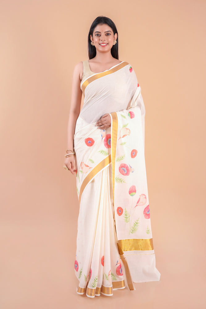 Mridula | Festive Kerala Cotton Kasavu Saree with Floral Print & Gold Border