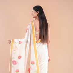 Mridula | Festive Kerala Cotton Kasavu Saree with Floral Print & Gold Border