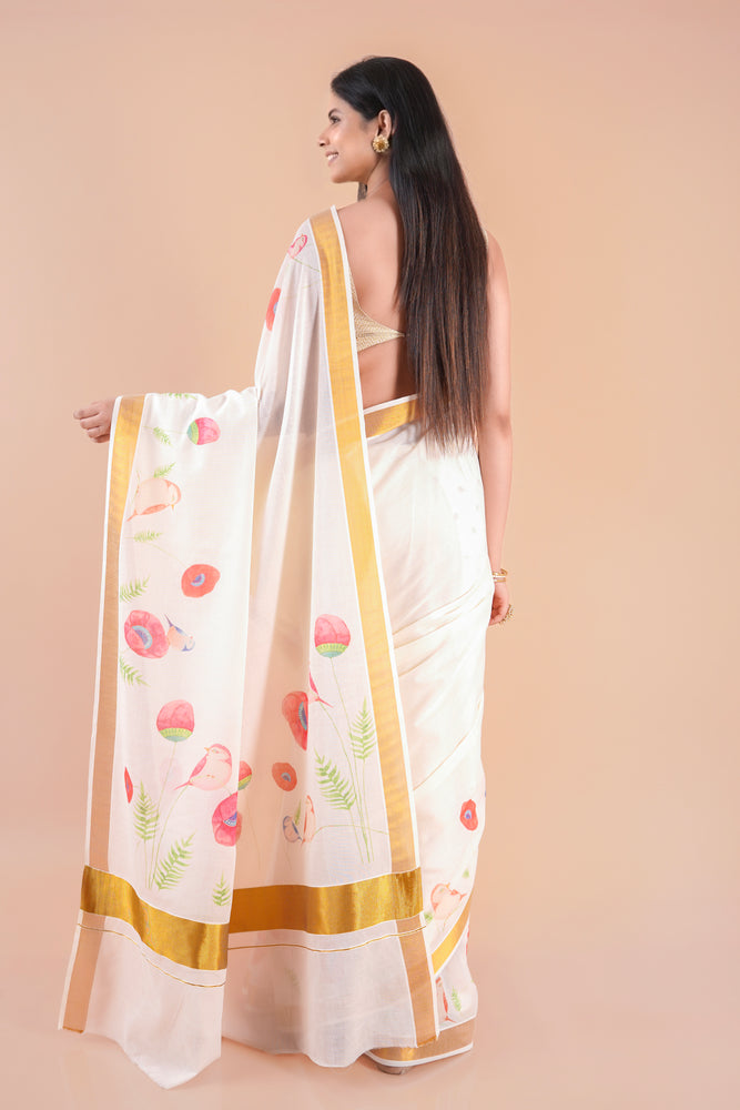 Mridula | Festive Kerala Cotton Kasavu Saree with Floral Print & Gold Border
