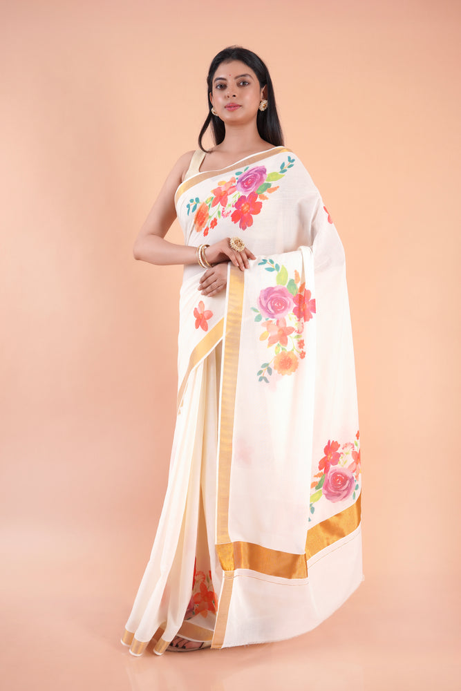 Ishani | Floral Kerala Cotton Kasavu Saree with Golden Border
