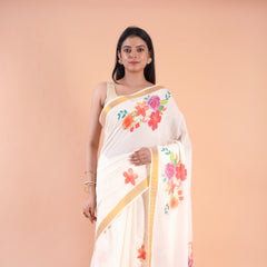 Ishani | Floral Kerala Cotton Kasavu Saree with Golden Border