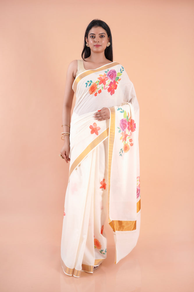 Ishani | Floral Kerala Cotton Kasavu Saree with Golden Border