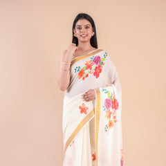 Ishani | Floral Kerala Cotton Kasavu Saree with Golden Border