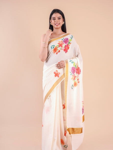 Ishani | Floral Kerala Cotton Kasavu Saree with Golden Border