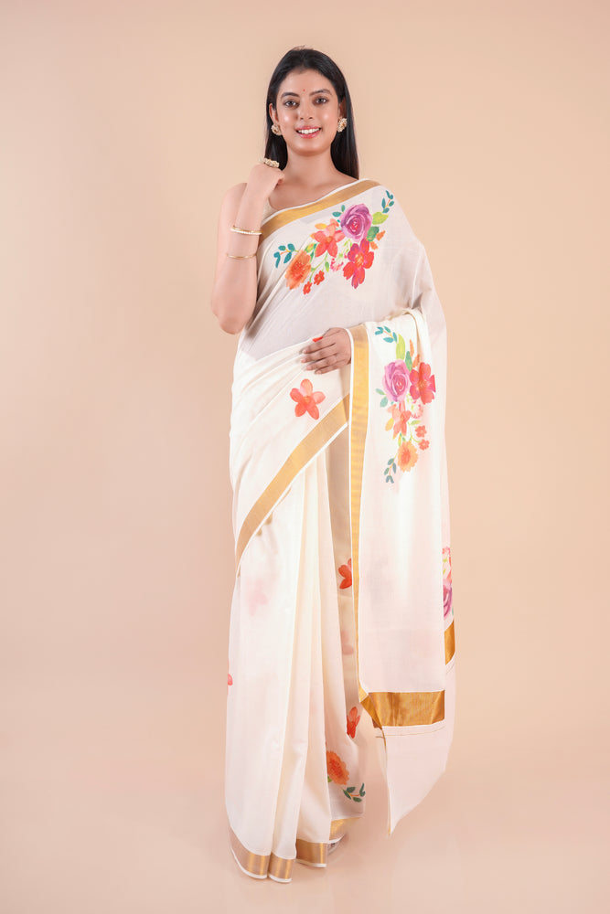 Ishani | Floral Kerala Cotton Kasavu Saree with Golden Border