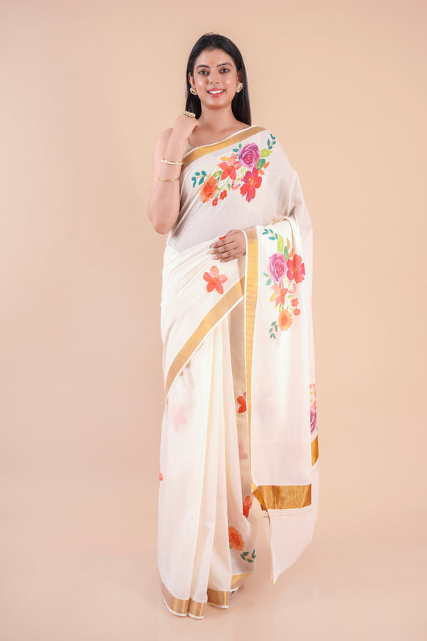 Ishani | Floral Kerala Cotton Kasavu Saree with Golden Border