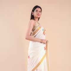 Ishani | Floral Kerala Cotton Kasavu Saree with Golden Border