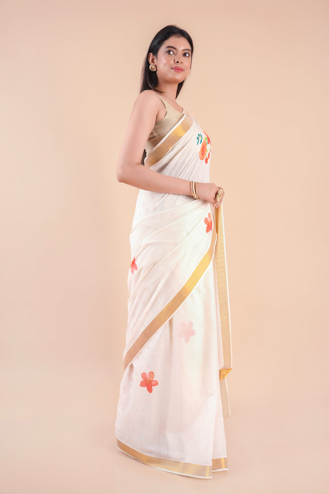 Ishani | Floral Kerala Cotton Kasavu Saree with Golden Border