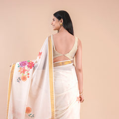 Ishani | Floral Kerala Cotton Kasavu Saree with Golden Border