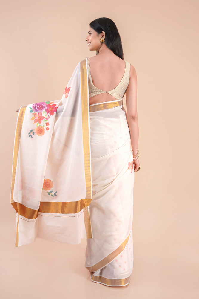 Ishani | Floral Kerala Cotton Kasavu Saree with Golden Border