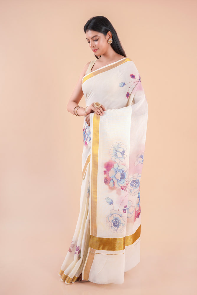 Nilambari | Floral Motif Kerala Cotton Kasavu Saree with Gold Border