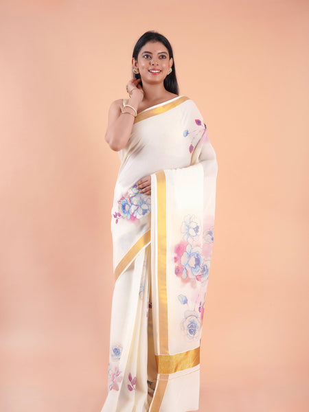 Nilambari | Floral Motif Kerala Cotton Kasavu Saree with Gold Border