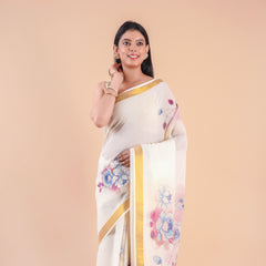 Nilambari | Floral Motif Kerala Cotton Kasavu Saree with Gold Border