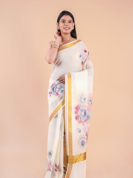 Nilambari | Floral Motif Kerala Cotton Kasavu Saree with Gold Border