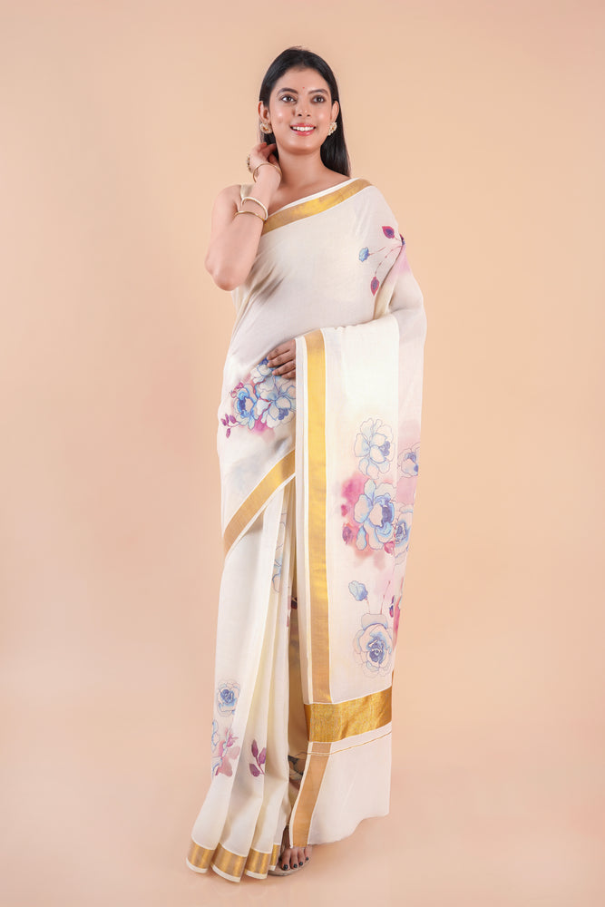 Nilambari | Floral Motif Kerala Cotton Kasavu Saree with Gold Border