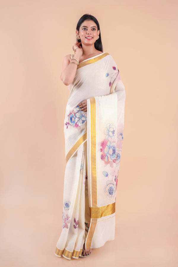 Nilambari | Floral Motif Kerala Cotton Kasavu Saree with Gold Border